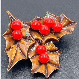 Vintage Celluloid Christmas Holly‎ Leaves Pin Brooch with Red Plastic Berries